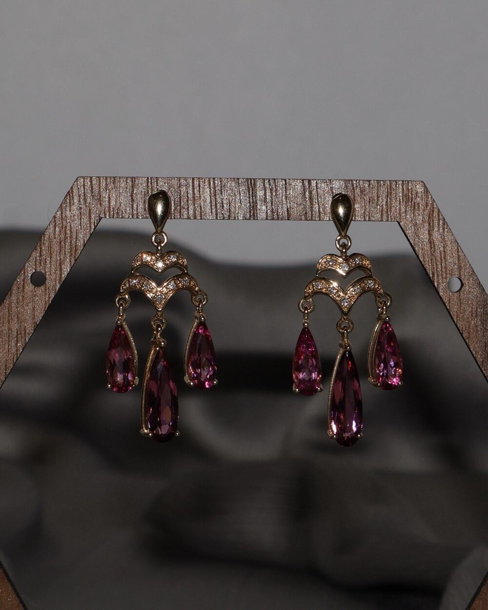 14k Yellow Gold Pink Tourmaline & Diamond Chandelier Earrings 6.61G / 1.3in